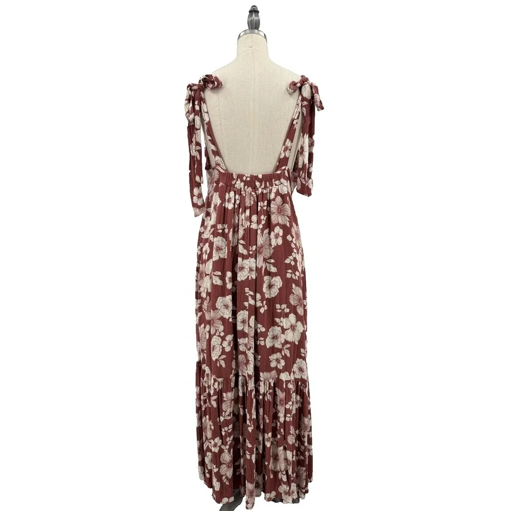 Abercrombie & Fitch Floral Maxi Dress M Rust Red Boho Tie Shoulder Deep V